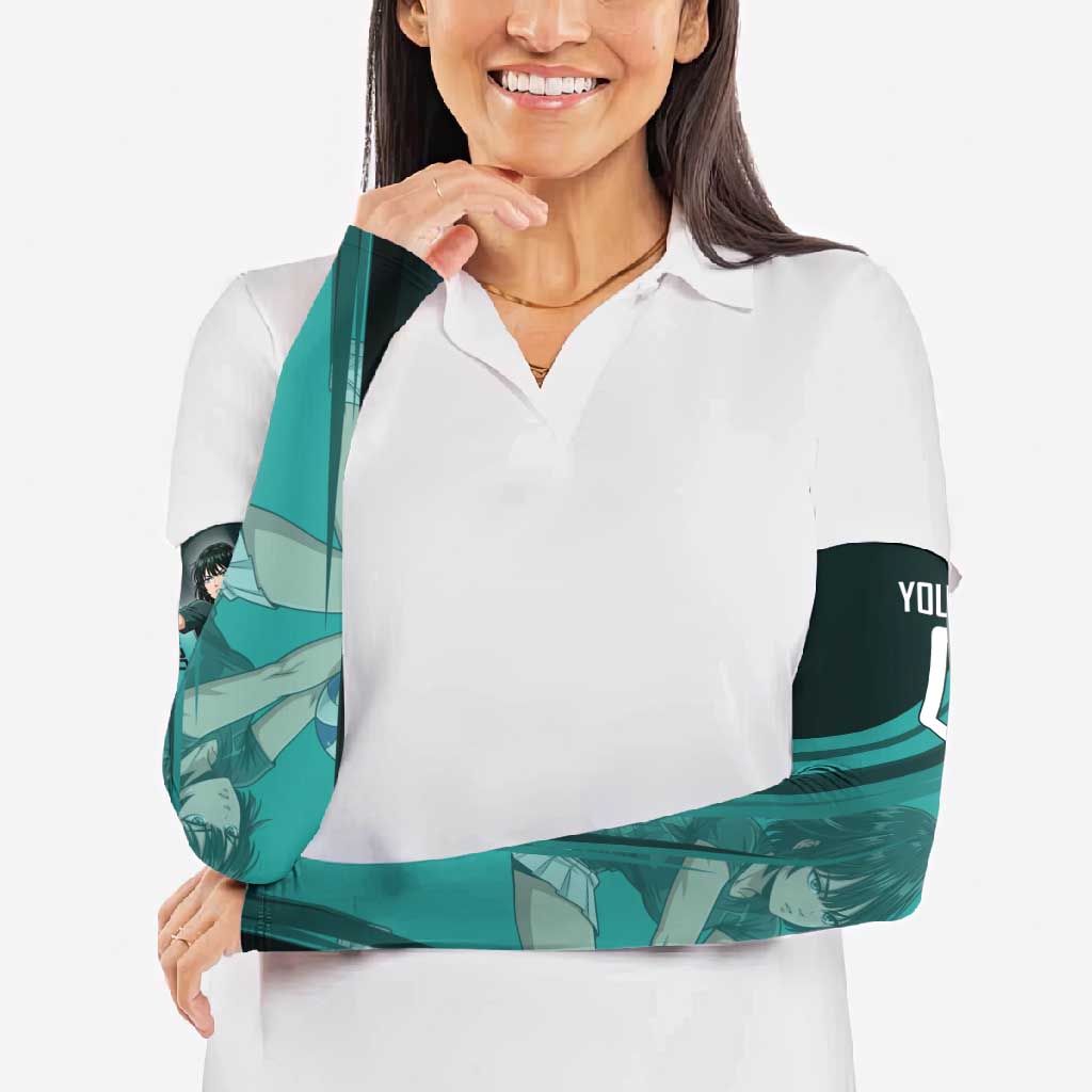 Personalized Fubuki Volleyball Design Arm Sleeves with Teal Athletic Theme and Dynamic Action Pose