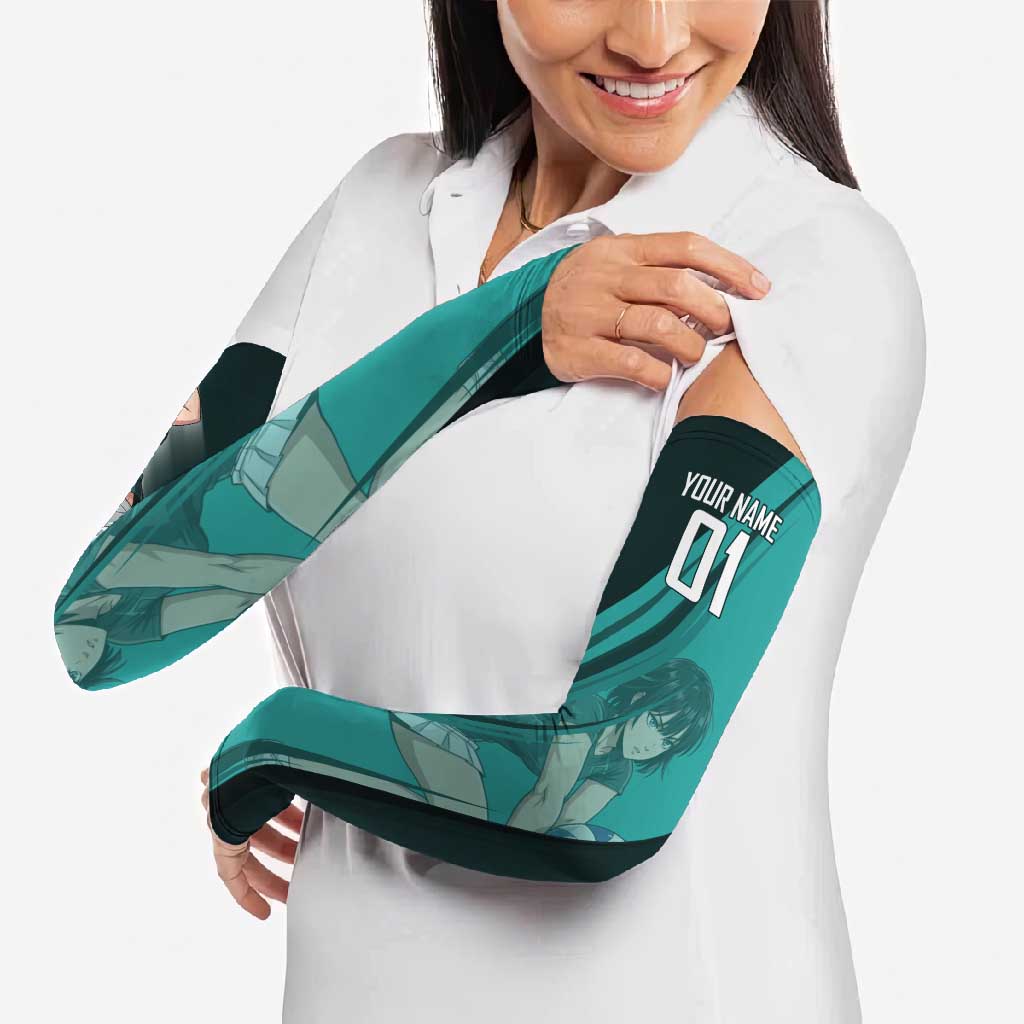 Personalized Fubuki Volleyball Design Arm Sleeves with Teal Athletic Theme and Dynamic Action Pose