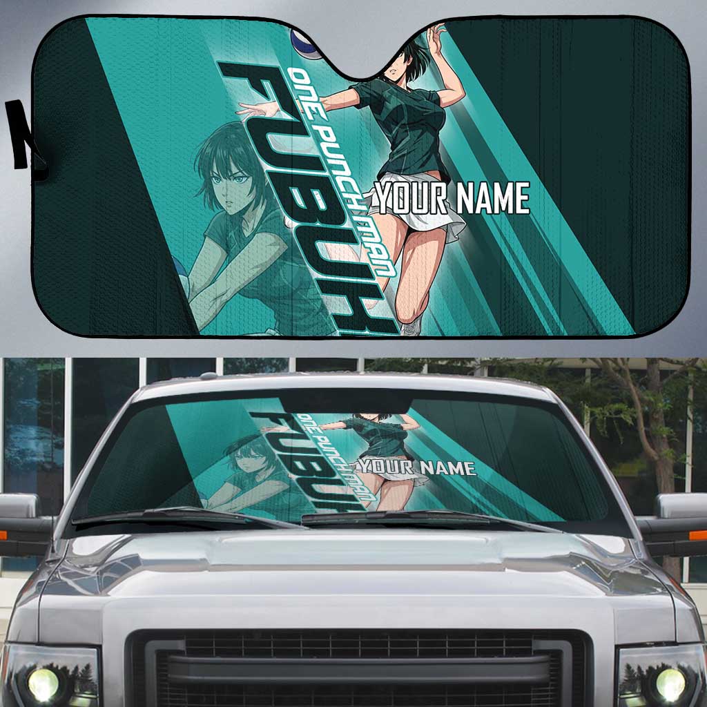 Personalized Fubuki Volleyball Design Auto Sun Shade with Teal Athletic Theme and Dynamic Action Pose