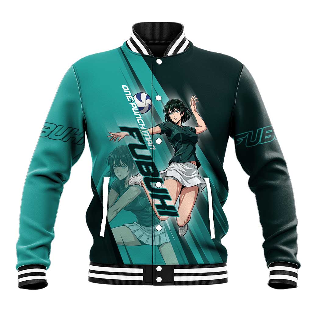 Personalized Fubuki Volleyball Design Baseball Jacket with Teal Athletic Theme and Dynamic Action Pose