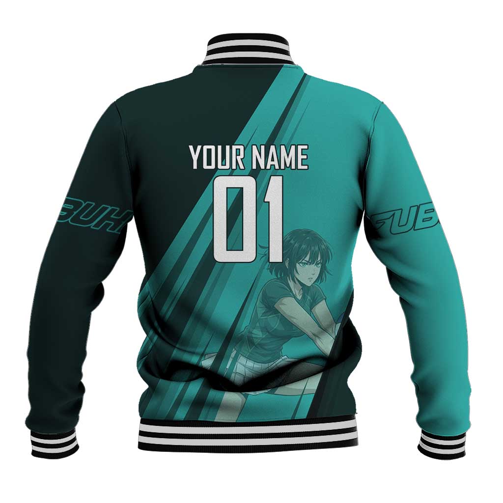 Personalized Fubuki Volleyball Design Baseball Jacket with Teal Athletic Theme and Dynamic Action Pose