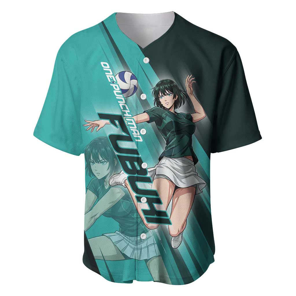 Personalized Fubuki Volleyball Design Baseball Jersey with Teal Athletic Theme and Dynamic Action Pose