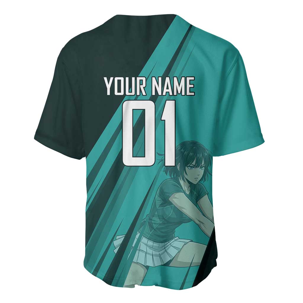Personalized Fubuki Volleyball Design Baseball Jersey with Teal Athletic Theme and Dynamic Action Pose
