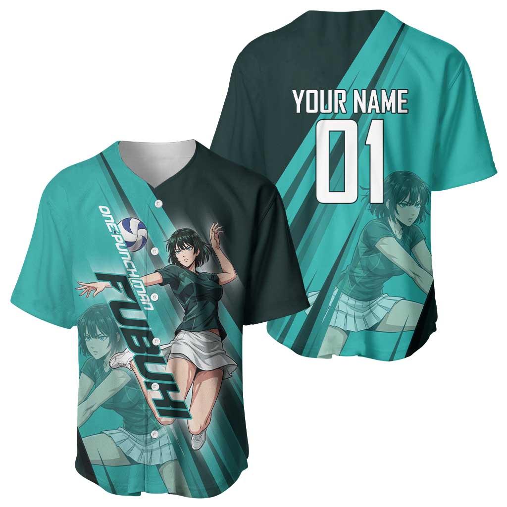Personalized Fubuki Volleyball Design Baseball Jersey with Teal Athletic Theme and Dynamic Action Pose