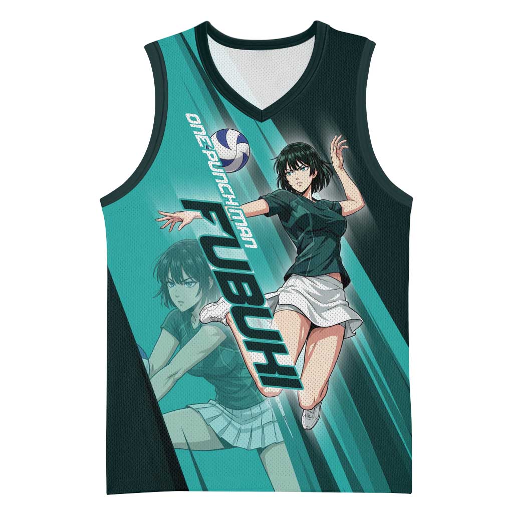 Personalized Fubuki Volleyball Design Basketball Jersey with Teal Athletic Theme and Dynamic Action Pose