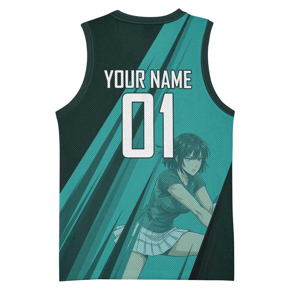 Personalized Fubuki Volleyball Design Basketball Jersey with Teal Athletic Theme and Dynamic Action Pose