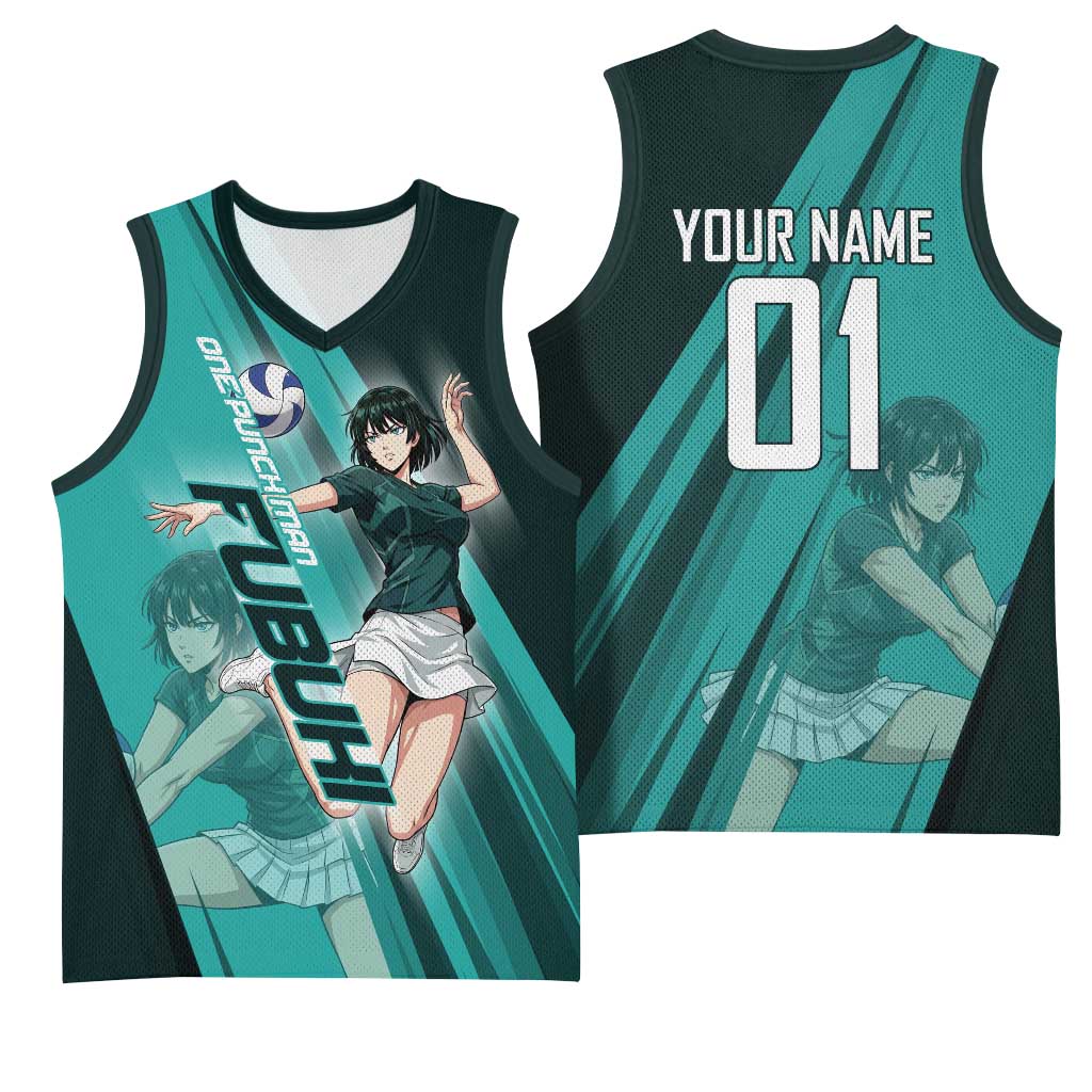 Personalized Fubuki Volleyball Design Basketball Jersey with Teal Athletic Theme and Dynamic Action Pose
