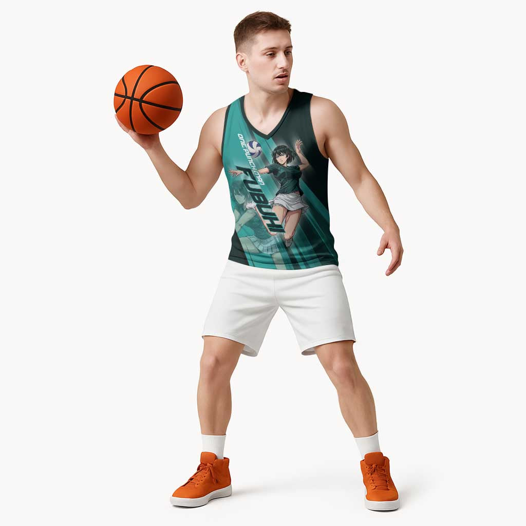 Personalized Fubuki Volleyball Design Basketball Jersey with Teal Athletic Theme and Dynamic Action Pose