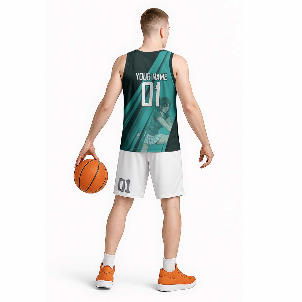 Personalized Fubuki Volleyball Design Basketball Jersey with Teal Athletic Theme and Dynamic Action Pose