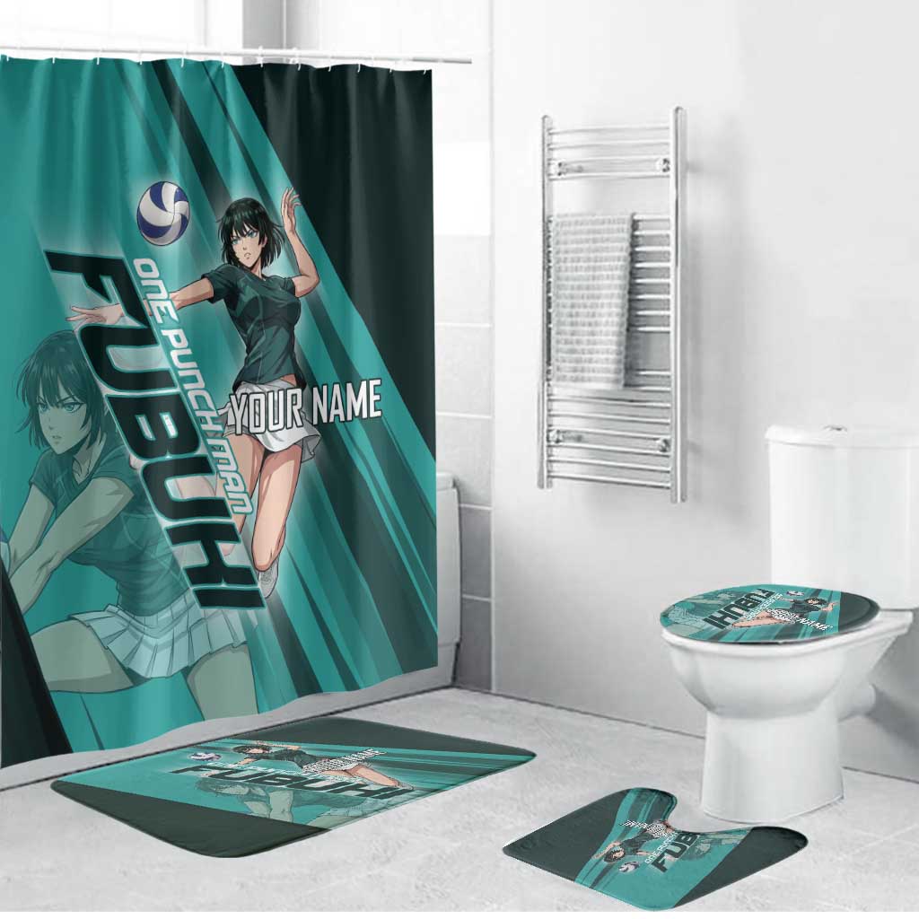 Personalized Fubuki Volleyball Design Bathroom Set with Teal Athletic Theme and Dynamic Action Pose