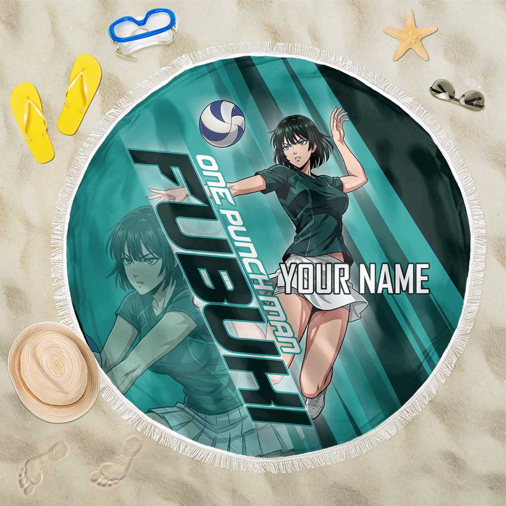 Personalized Fubuki Volleyball Design Beach Blanket with Teal Athletic Theme and Dynamic Action Pose