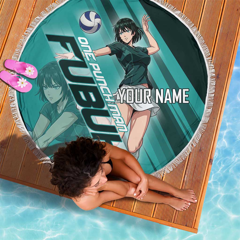 Personalized Fubuki Volleyball Design Beach Blanket with Teal Athletic Theme and Dynamic Action Pose