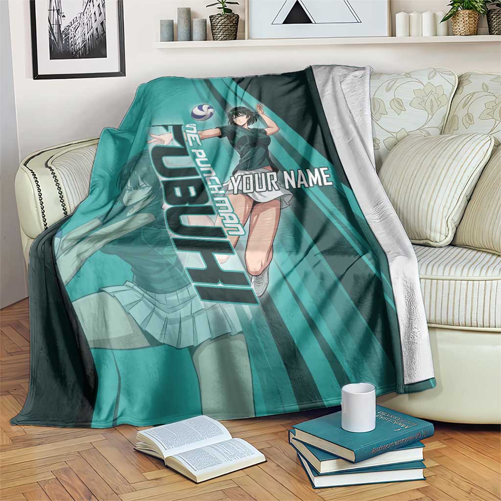 Personalized Fubuki Volleyball Design Blanket with Teal Athletic Theme and Dynamic Action Pose