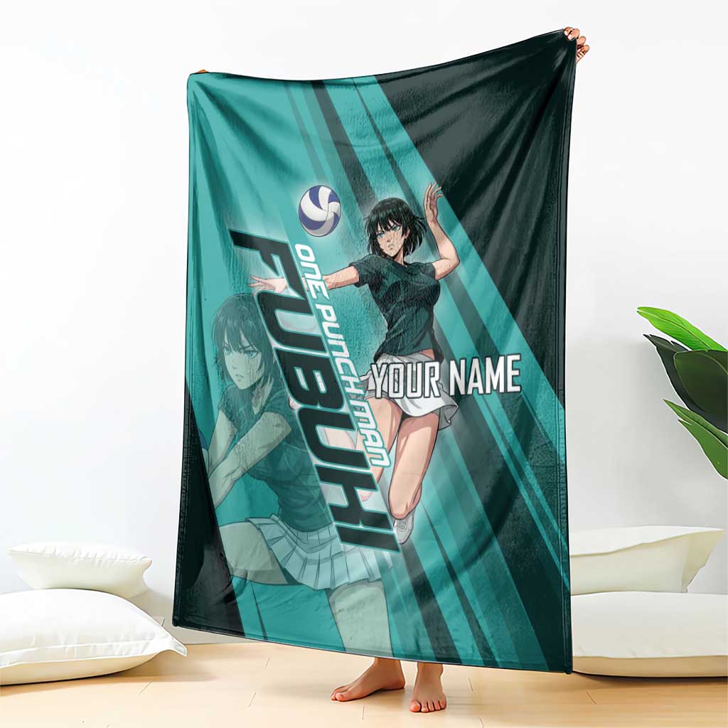 Personalized Fubuki Volleyball Design Blanket with Teal Athletic Theme and Dynamic Action Pose