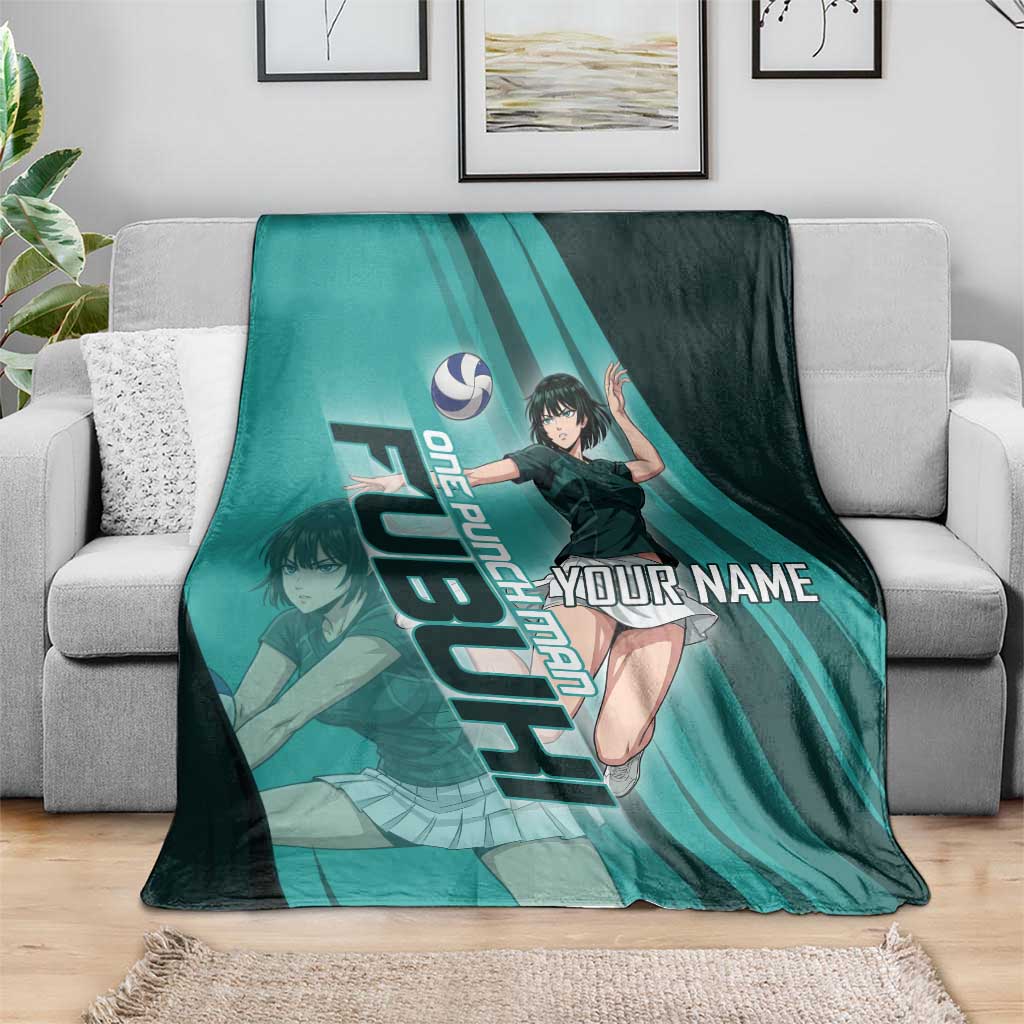 Personalized Fubuki Volleyball Design Blanket with Teal Athletic Theme and Dynamic Action Pose
