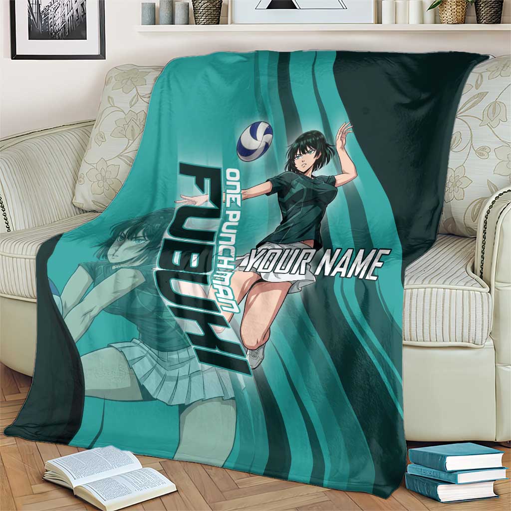 Personalized Fubuki Volleyball Design Blanket with Teal Athletic Theme and Dynamic Action Pose