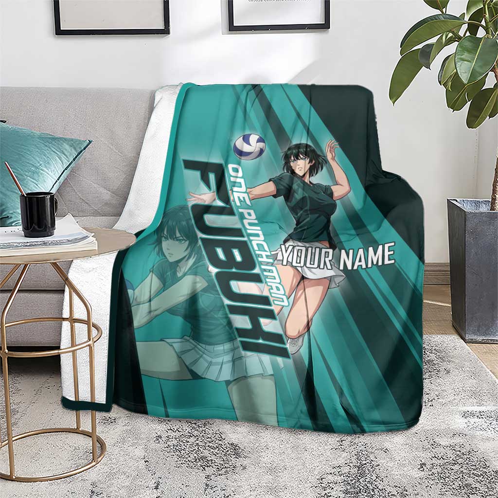 Personalized Fubuki Volleyball Design Blanket with Teal Athletic Theme and Dynamic Action Pose