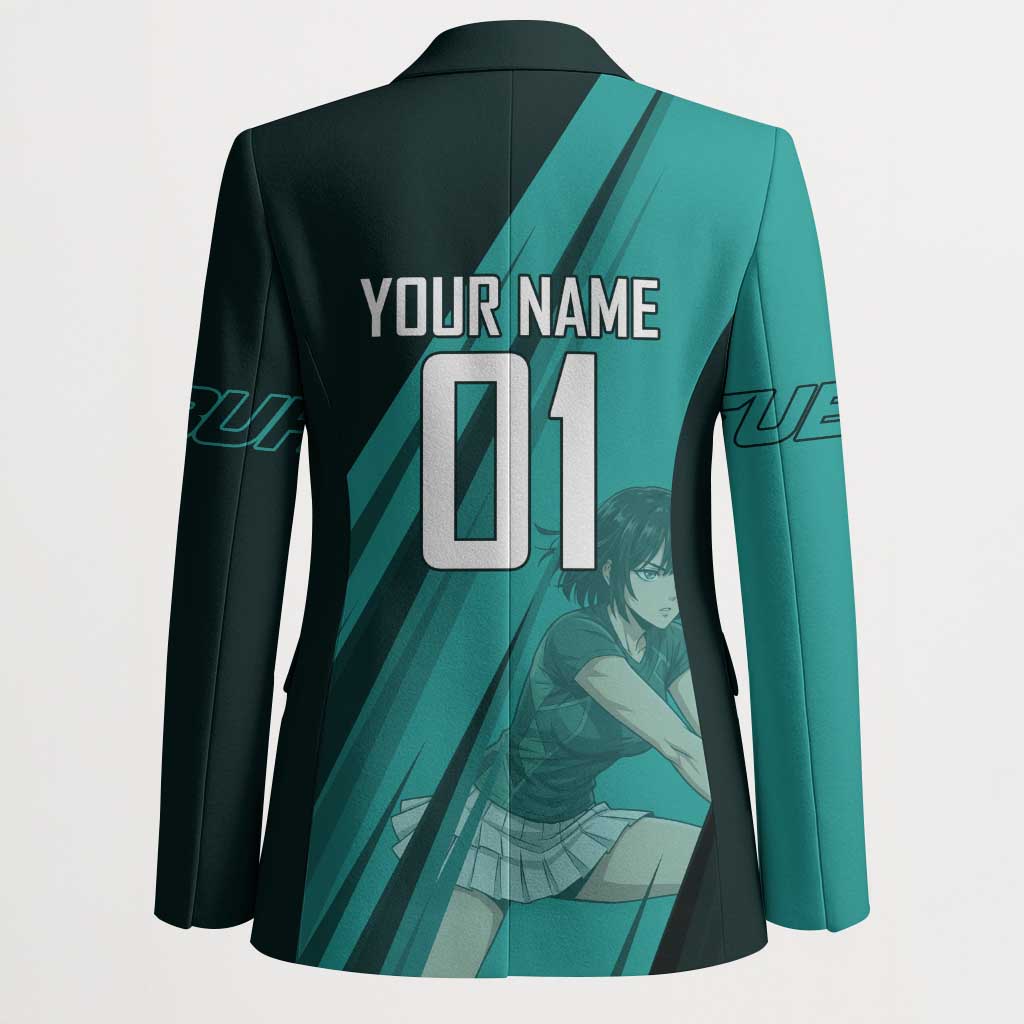 Personalized Fubuki Volleyball Design Blazer with Teal Athletic Theme and Dynamic Action Pose