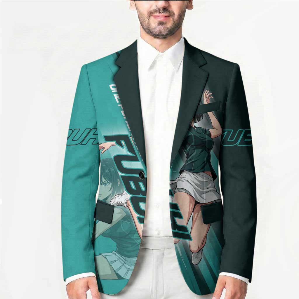 Personalized Fubuki Volleyball Design Blazer with Teal Athletic Theme and Dynamic Action Pose