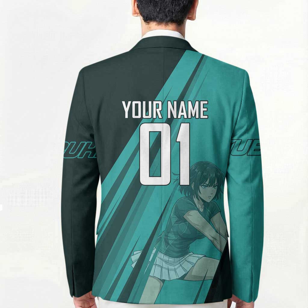 Personalized Fubuki Volleyball Design Blazer with Teal Athletic Theme and Dynamic Action Pose