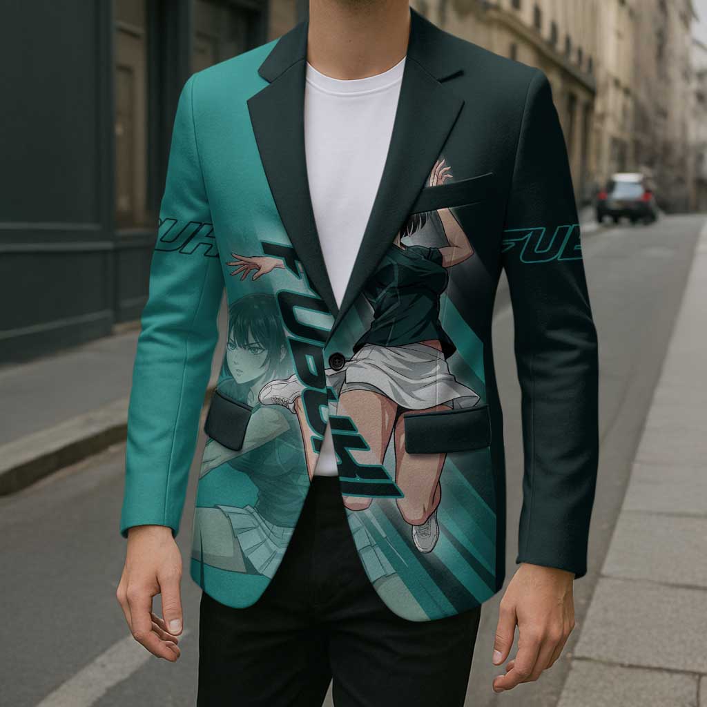 Personalized Fubuki Volleyball Design Blazer with Teal Athletic Theme and Dynamic Action Pose