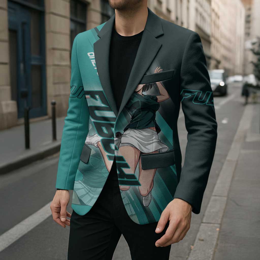 Personalized Fubuki Volleyball Design Blazer with Teal Athletic Theme and Dynamic Action Pose