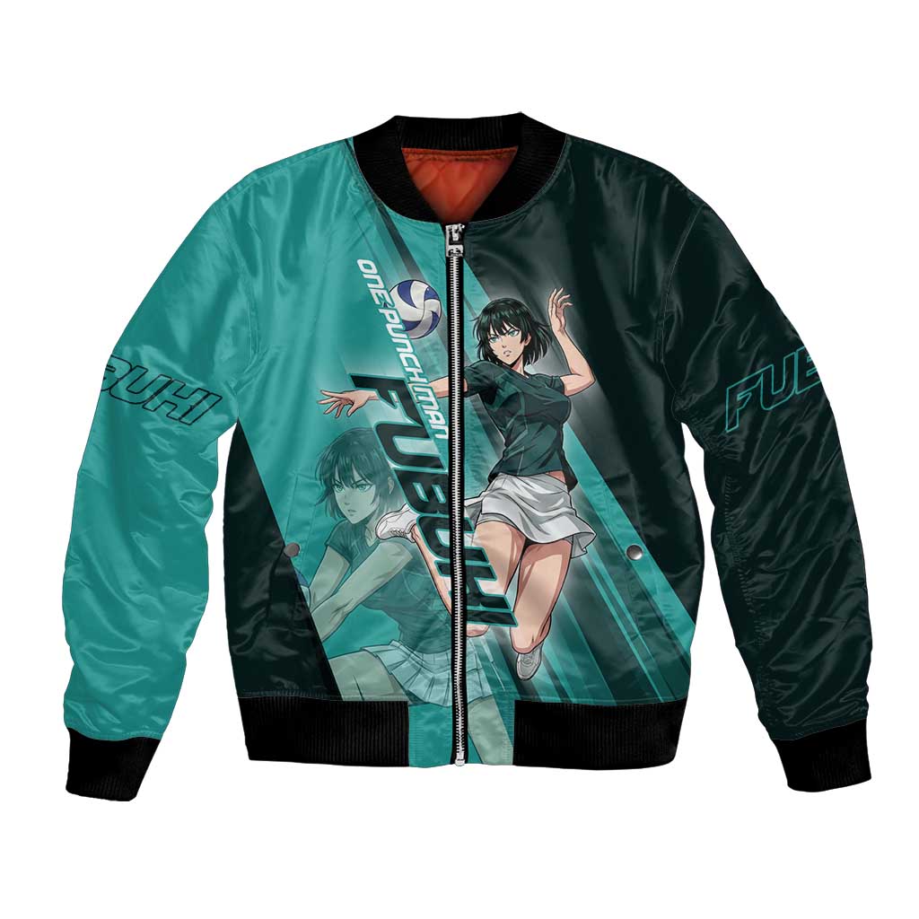 Personalized Fubuki Volleyball Design Bomber Jacket with Teal Athletic Theme and Dynamic Action Pose