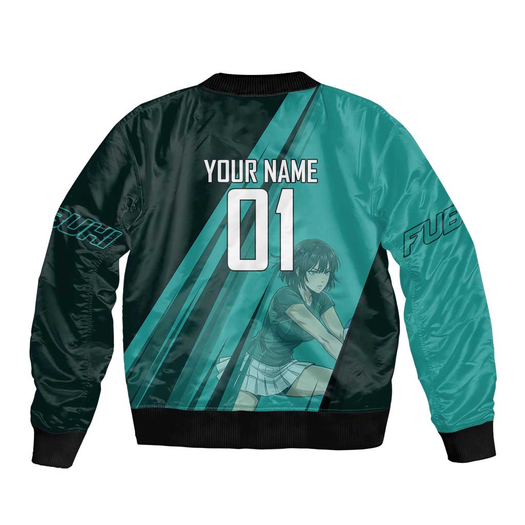 Personalized Fubuki Volleyball Design Bomber Jacket with Teal Athletic Theme and Dynamic Action Pose