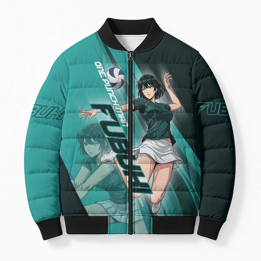 Personalized Fubuki Volleyball Design Bomber Puffer Jacket with Teal Athletic Theme and Dynamic Action Pose