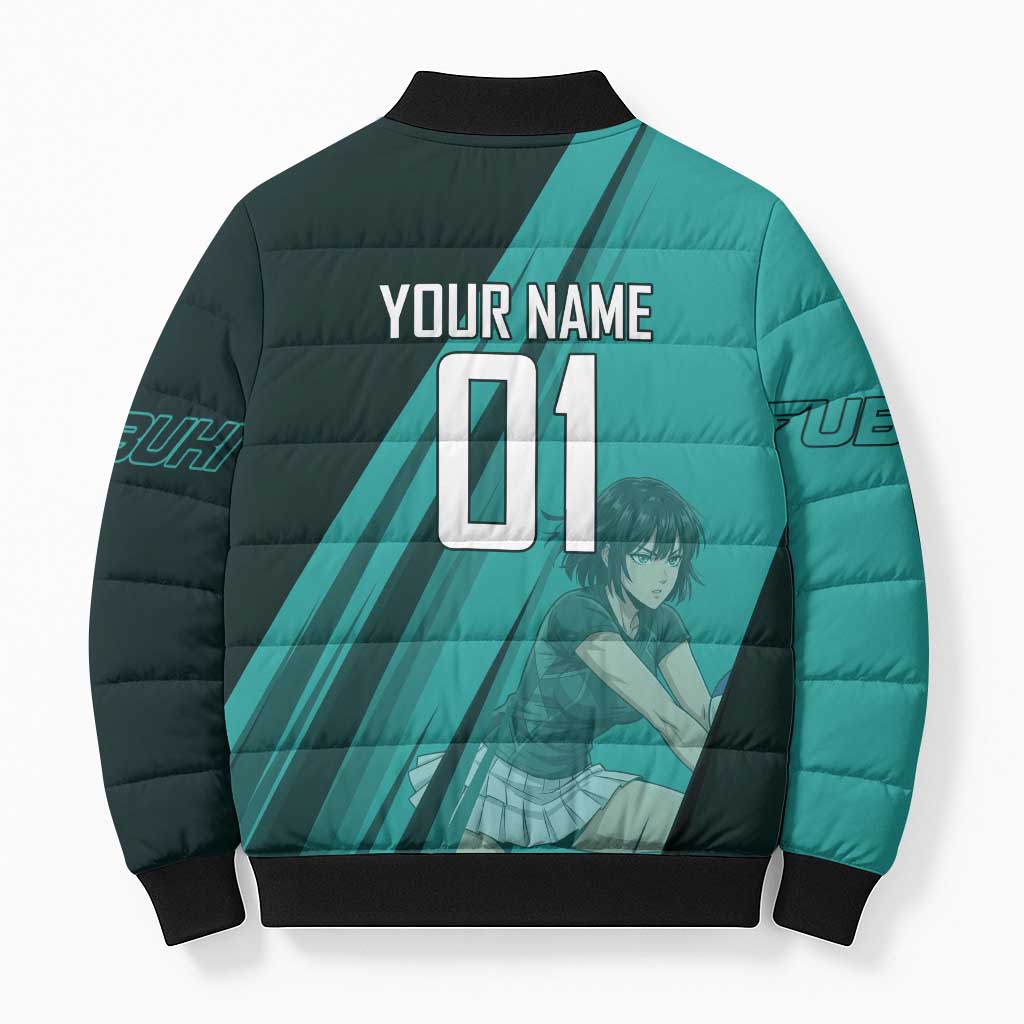 Personalized Fubuki Volleyball Design Bomber Puffer Jacket with Teal Athletic Theme and Dynamic Action Pose