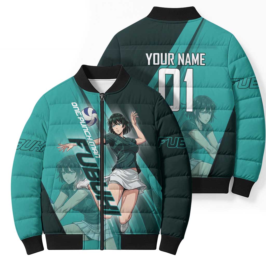 Personalized Fubuki Volleyball Design Bomber Puffer Jacket with Teal Athletic Theme and Dynamic Action Pose