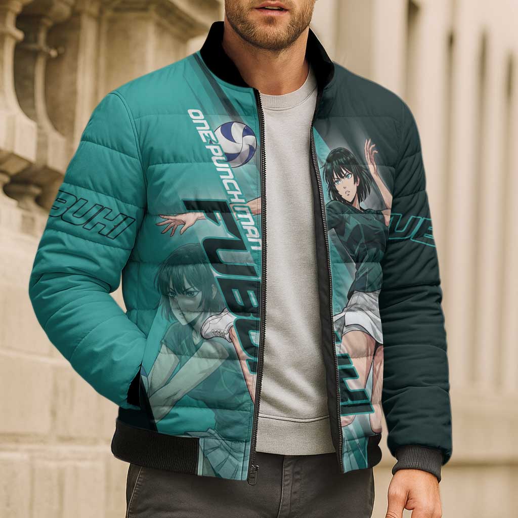 Personalized Fubuki Volleyball Design Bomber Puffer Jacket with Teal Athletic Theme and Dynamic Action Pose