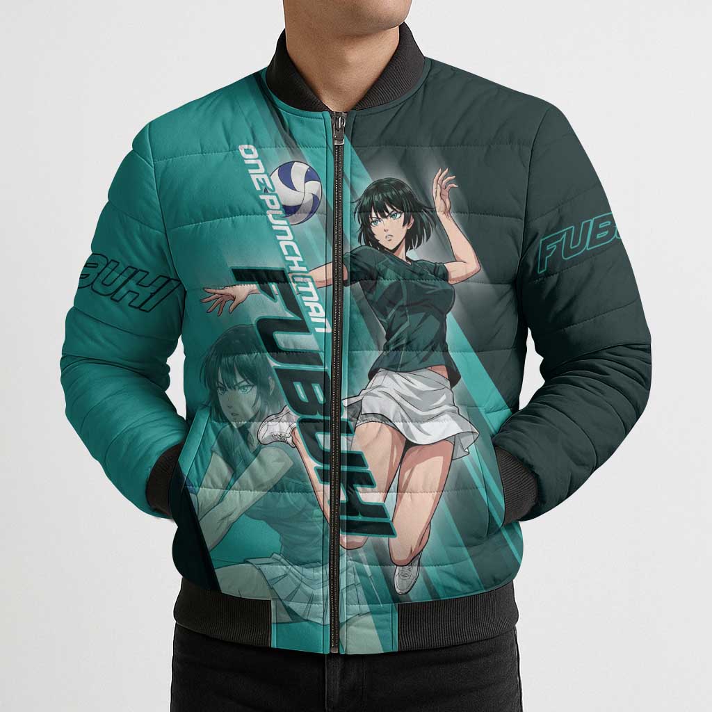 Personalized Fubuki Volleyball Design Bomber Puffer Jacket with Teal Athletic Theme and Dynamic Action Pose