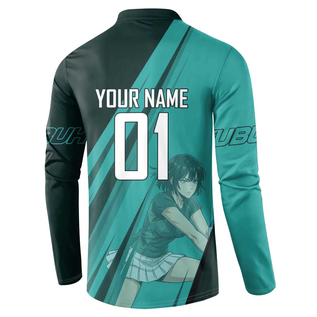 Personalized Fubuki Volleyball Design Button Sweatshirt with Teal Athletic Theme and Dynamic Action Pose