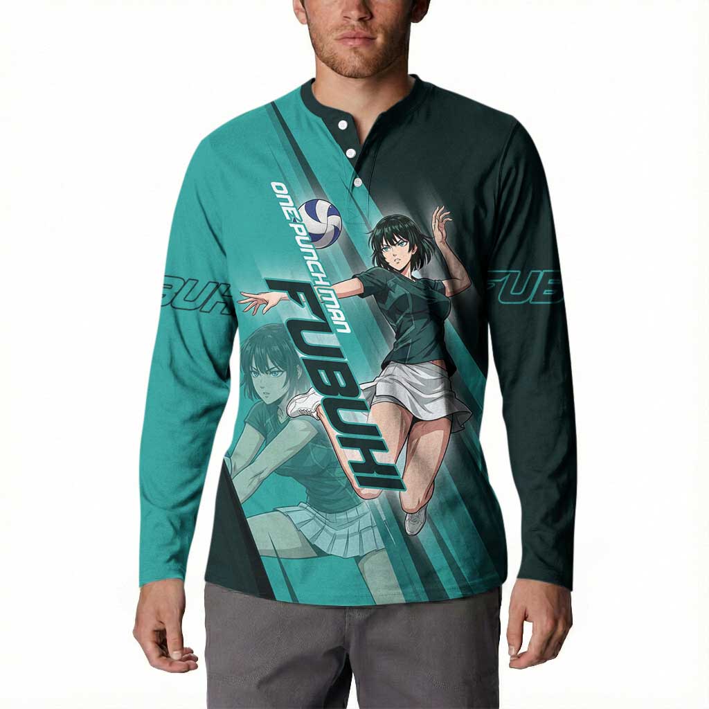 Personalized Fubuki Volleyball Design Button Sweatshirt with Teal Athletic Theme and Dynamic Action Pose