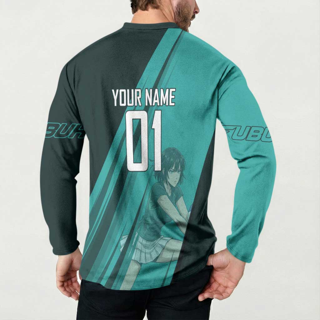 Personalized Fubuki Volleyball Design Button Sweatshirt with Teal Athletic Theme and Dynamic Action Pose