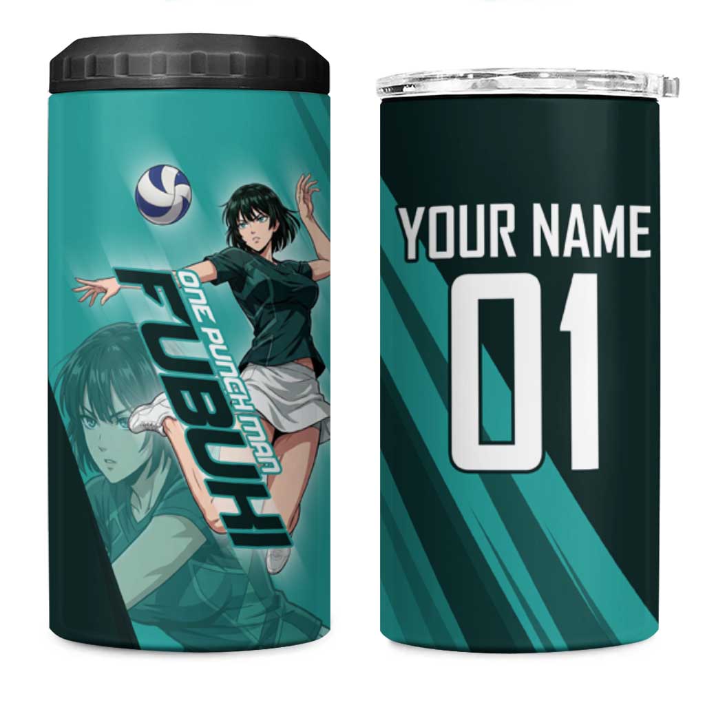 Personalized Fubuki Volleyball Design 4 in 1 Can Cooler Tumbler with Teal Athletic Theme and Dynamic Action Pose