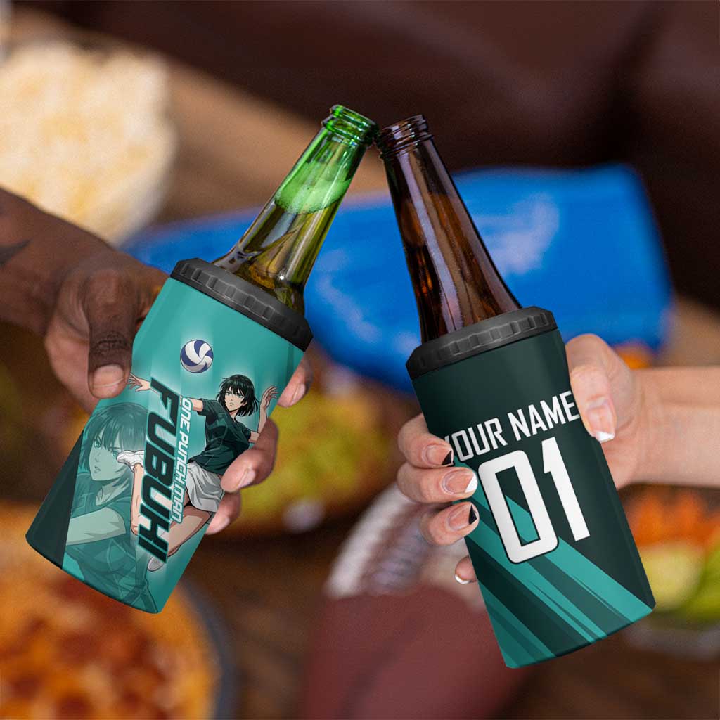Personalized Fubuki Volleyball Design 4 in 1 Can Cooler Tumbler with Teal Athletic Theme and Dynamic Action Pose