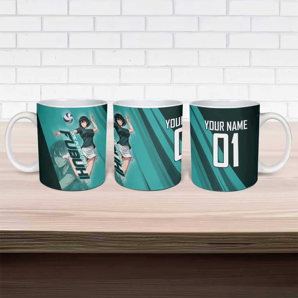 Personalized Fubuki Volleyball Design Ceramic Mug with Teal Athletic Theme and Dynamic Action Pose