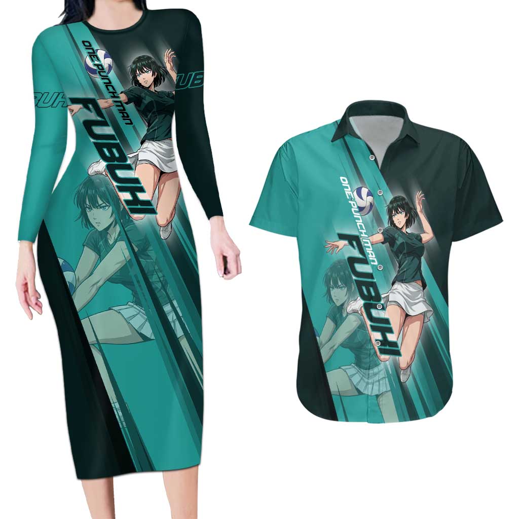 Personalized Fubuki Volleyball Design Couples Matching Long Sleeve Bodycon Dress and Hawaiian Shirt with Teal Athletic Theme and Dynamic Action Pose