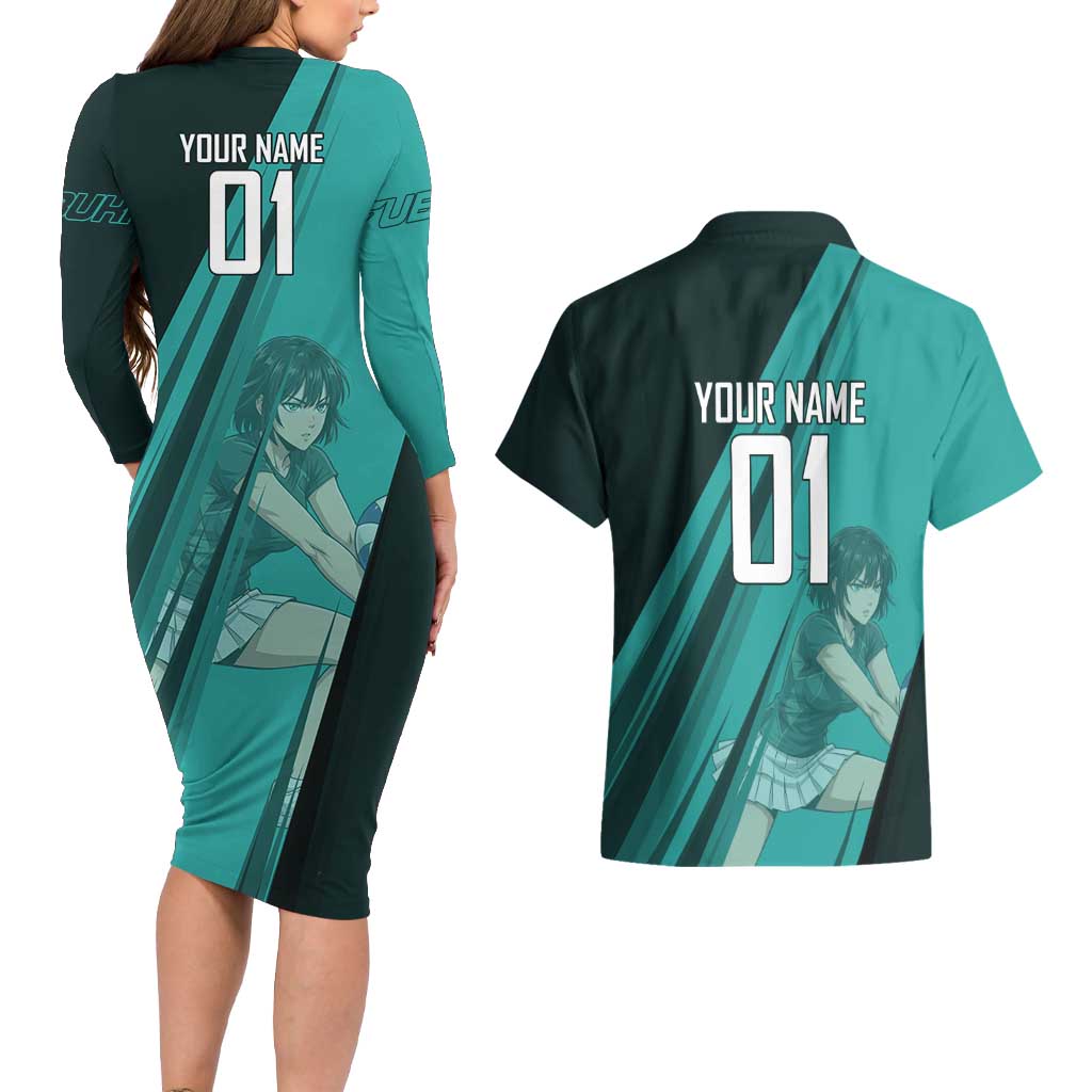 Personalized Fubuki Volleyball Design Couples Matching Long Sleeve Bodycon Dress and Hawaiian Shirt with Teal Athletic Theme and Dynamic Action Pose