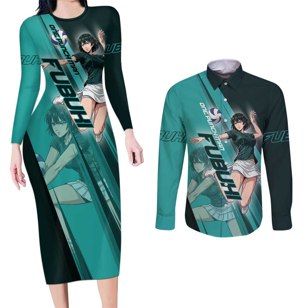Personalized Fubuki Volleyball Design Couples Matching Long Sleeve Bodycon Dress and Long Sleeve Button Shirt with Teal Athletic Theme and Dynamic Action Pose