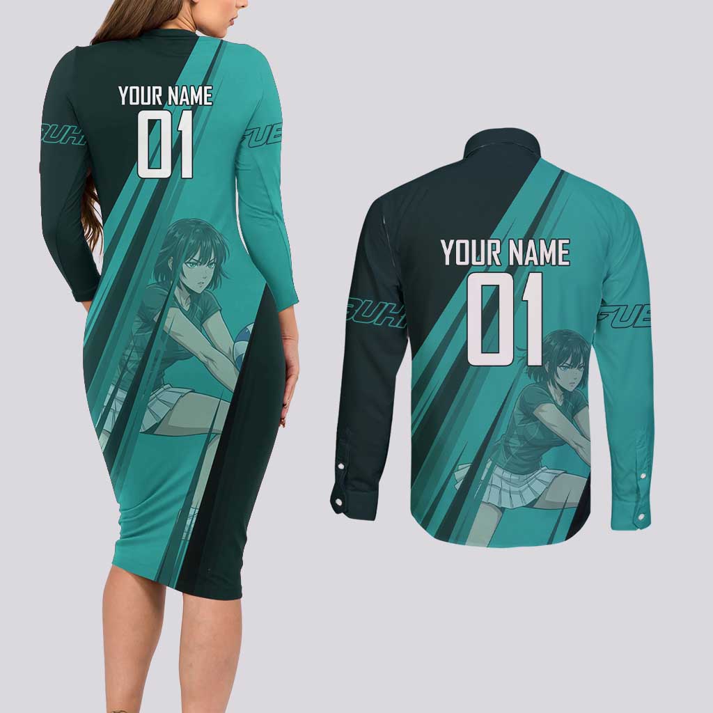 Personalized Fubuki Volleyball Design Couples Matching Long Sleeve Bodycon Dress and Long Sleeve Button Shirt with Teal Athletic Theme and Dynamic Action Pose