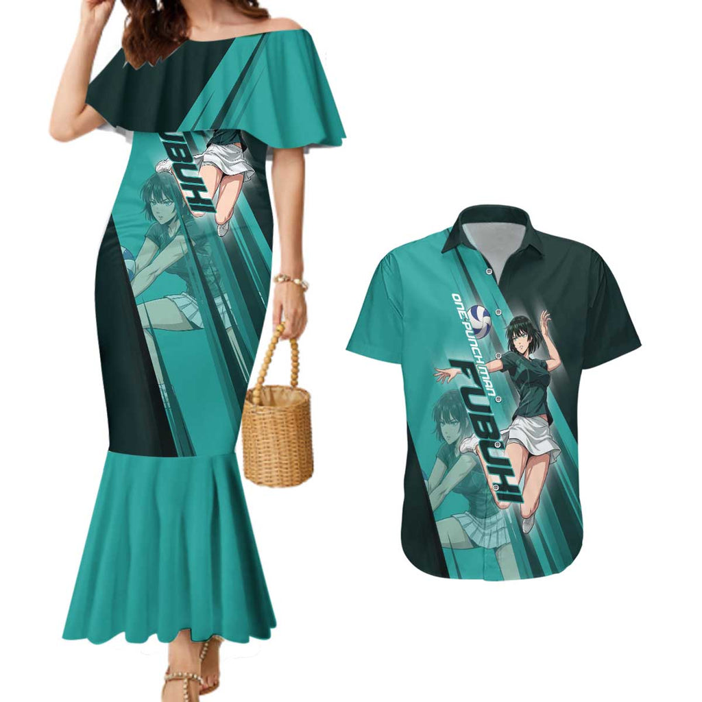 Personalized Fubuki Volleyball Design Couples Matching Mermaid Dress and Hawaiian Shirt with Teal Athletic Theme and Dynamic Action Pose