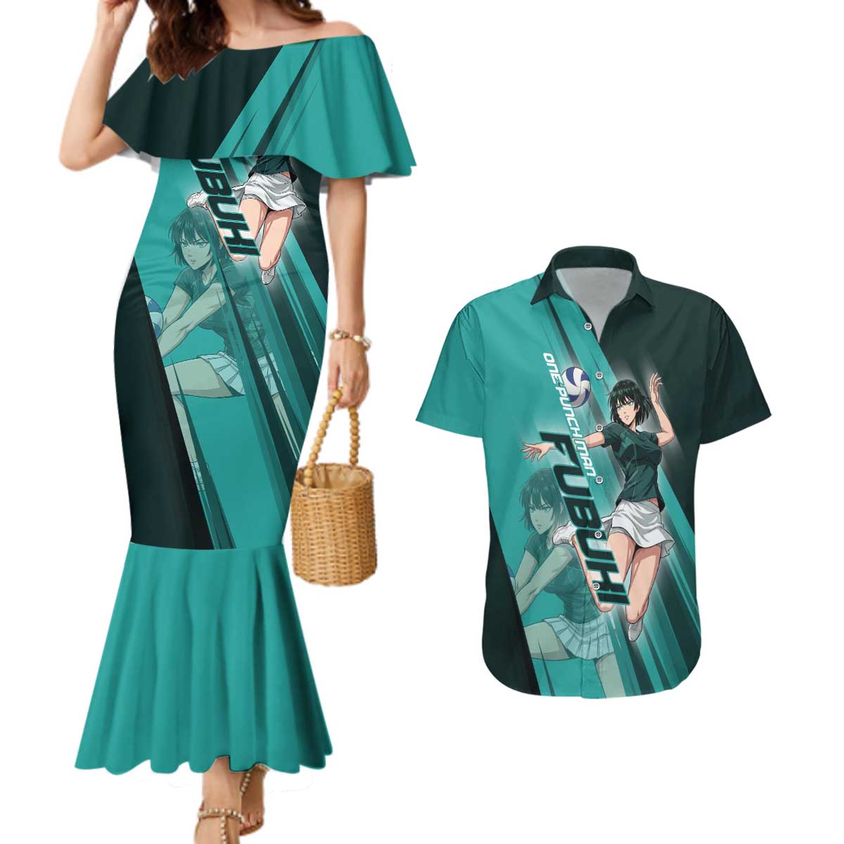 Personalized Fubuki Volleyball Design Couples Matching Mermaid Dress and Hawaiian Shirt with Teal Athletic Theme and Dynamic Action Pose