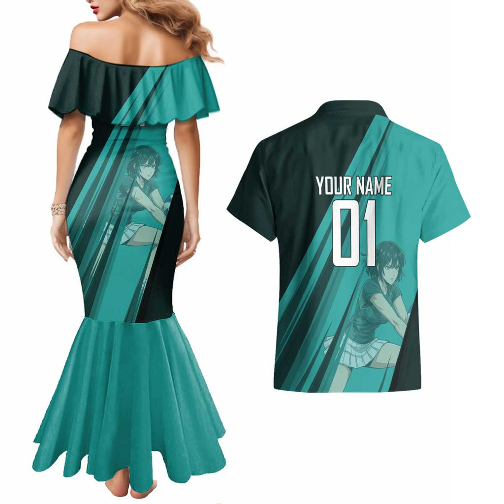 Personalized Fubuki Volleyball Design Couples Matching Mermaid Dress and Hawaiian Shirt with Teal Athletic Theme and Dynamic Action Pose