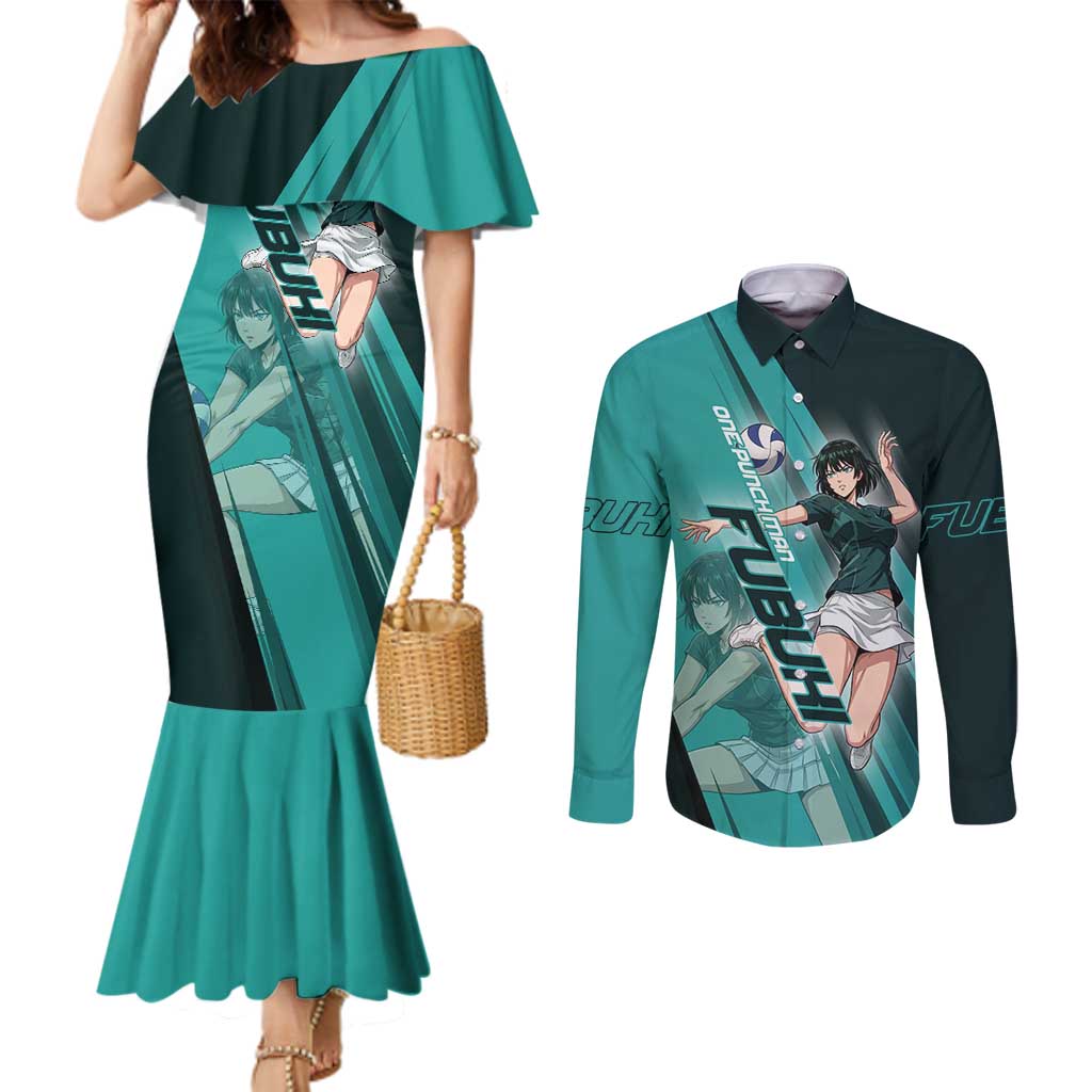 Personalized Fubuki Volleyball Design Couples Matching Mermaid Dress and Long Sleeve Button Shirt with Teal Athletic Theme and Dynamic Action Pose