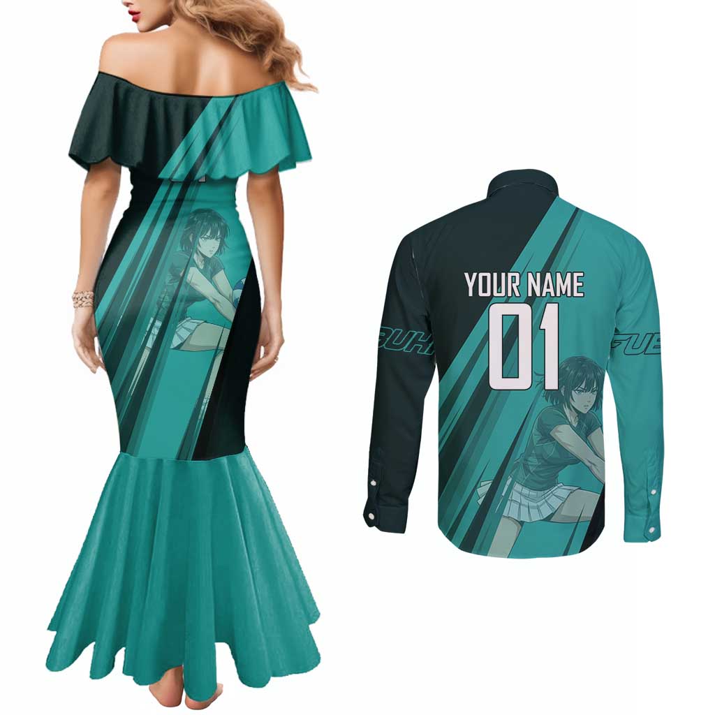 Personalized Fubuki Volleyball Design Couples Matching Mermaid Dress and Long Sleeve Button Shirt with Teal Athletic Theme and Dynamic Action Pose
