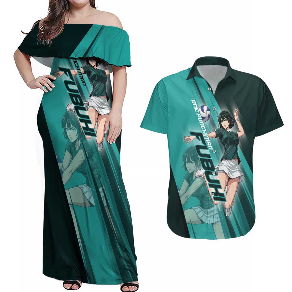 Personalized Fubuki Volleyball Design Couples Matching Off Shoulder Maxi Dress and Hawaiian Shirt with Teal Athletic Theme and Dynamic Action Pose