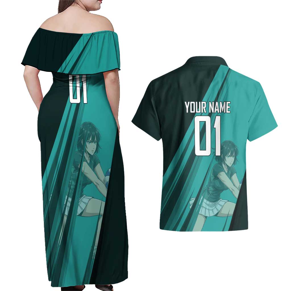 Personalized Fubuki Volleyball Design Couples Matching Off Shoulder Maxi Dress and Hawaiian Shirt with Teal Athletic Theme and Dynamic Action Pose